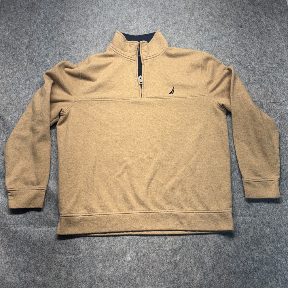 Nautica Men's XL Tan Quarter Zip Pullover Fleece Sweater Cotton Blend